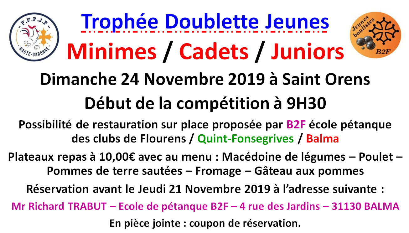 Trophée doublette jeunes à Saint Orens le 24/11/19 Trophée doublette jeunes à Saint Orens le 24/11/19