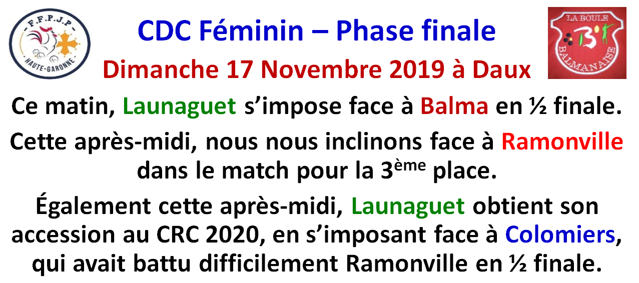 CDC Féminin - Phase finale à Daux le 17/11/19 CDC Féminin - Phase finale à Daux le 17/11/19