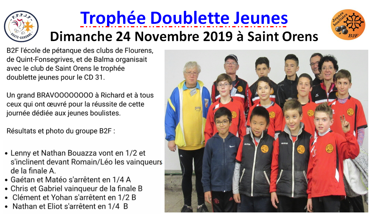 Trophée doublette jeunes à Saint Orens le 24/11/19 Trophée doublette jeunes à Saint Orens le 24/11/19