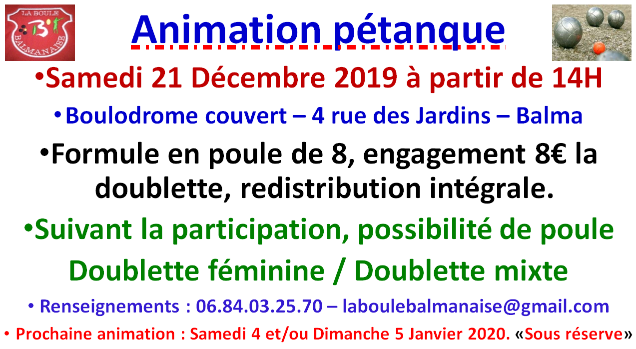 Animation pétanque hivernale 21/12/19 Animation pétanque hivernale 21/12/19