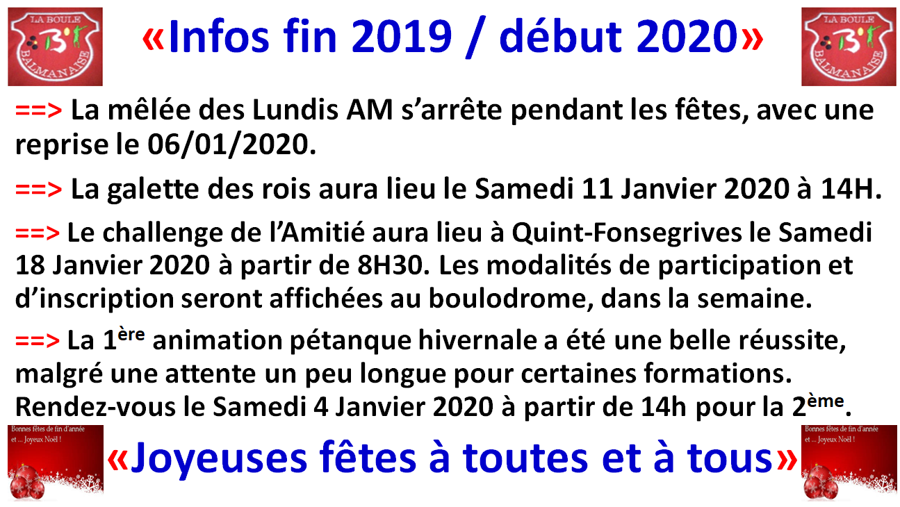 Infos fin 2019 / début 2020 Infos fin 2019 / début 2020