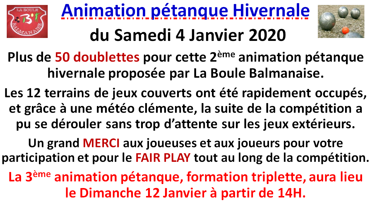 Animation pétanque hivernale N°2 du 04/01/2020 Animation pétanque hivernale N°2 du 04/01/2020