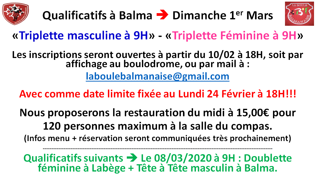 Inscriptions restauration + qualificatifs TF + TM Balma 01/03/2020