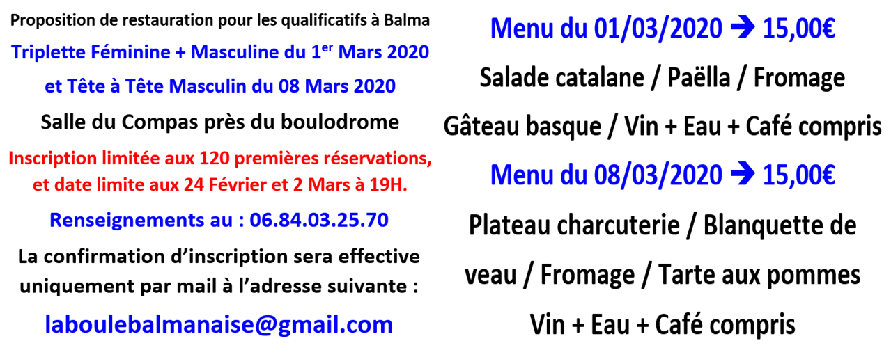 Inscriptions restauration + qualificatifs TF + TM Balma 01/03/2020