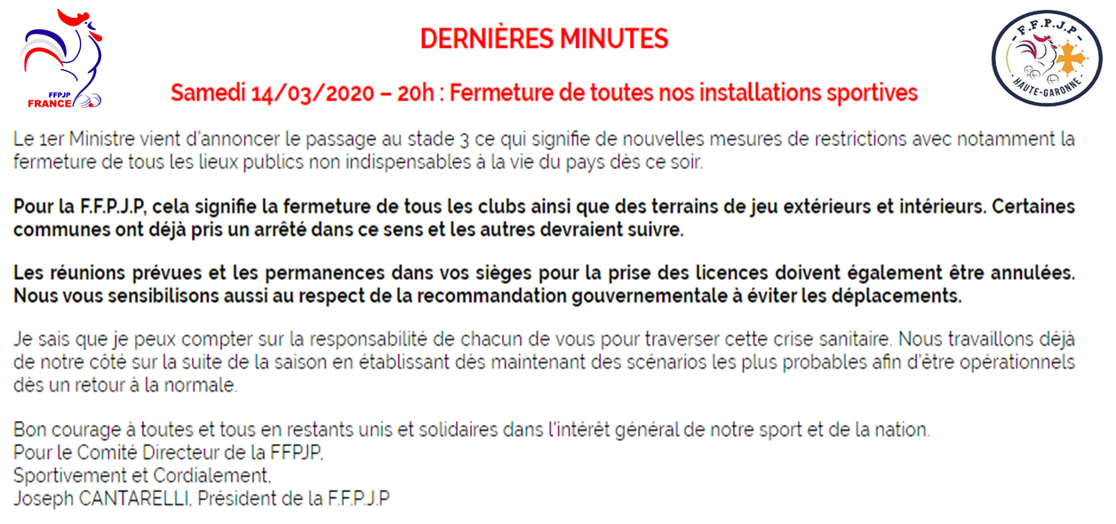 Infos club CORONAVIRUS