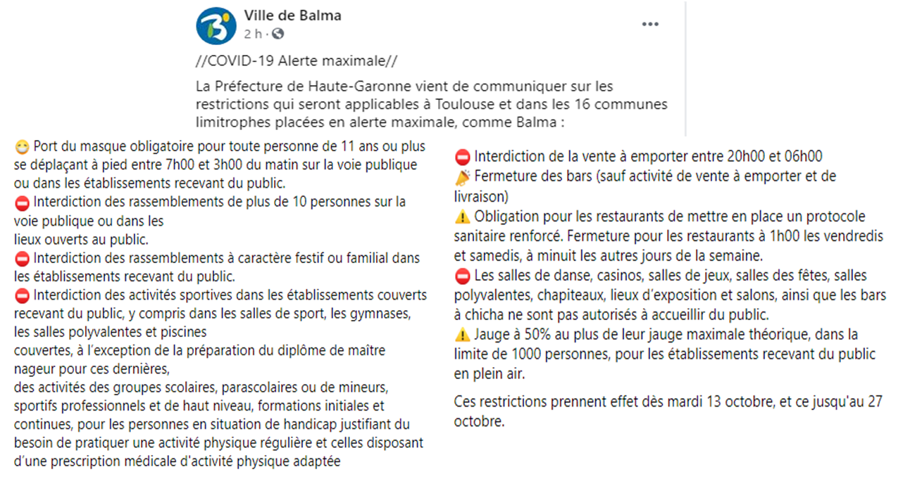 COVID19 mesures à compter du 13/10/2020