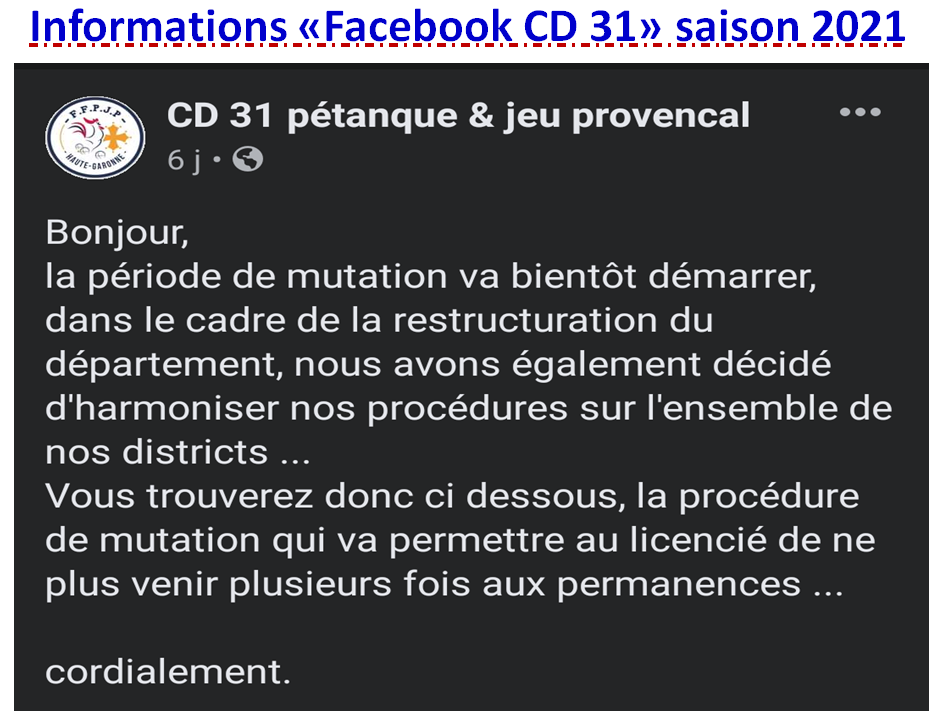 Informations saison 2021