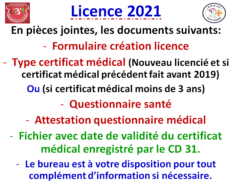Documents pour licence 2021