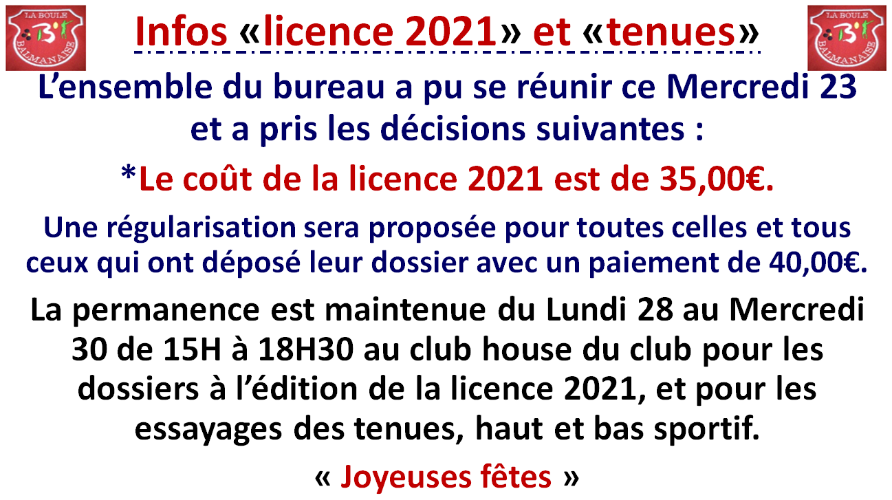 Infos tenues et licence 2021 Infos tenues et licence 2021