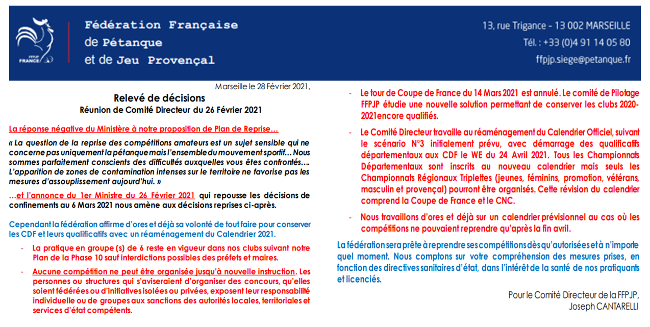 COVID 19 Décisions FFPJP 01/03/2021 COVID 19 Décisions FFPJP 01/03/2021