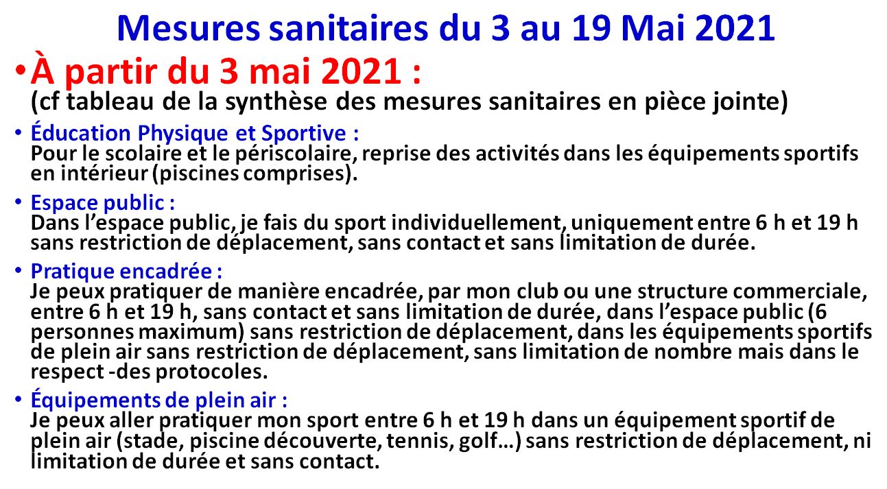 Mesures sanitaires du 03 au 19 Mai 2021. Mesures sanitaires du 03 au 19 Mai 2021.