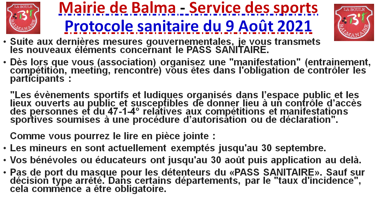 Protocole sanitaire pour le sport du 09/08/21