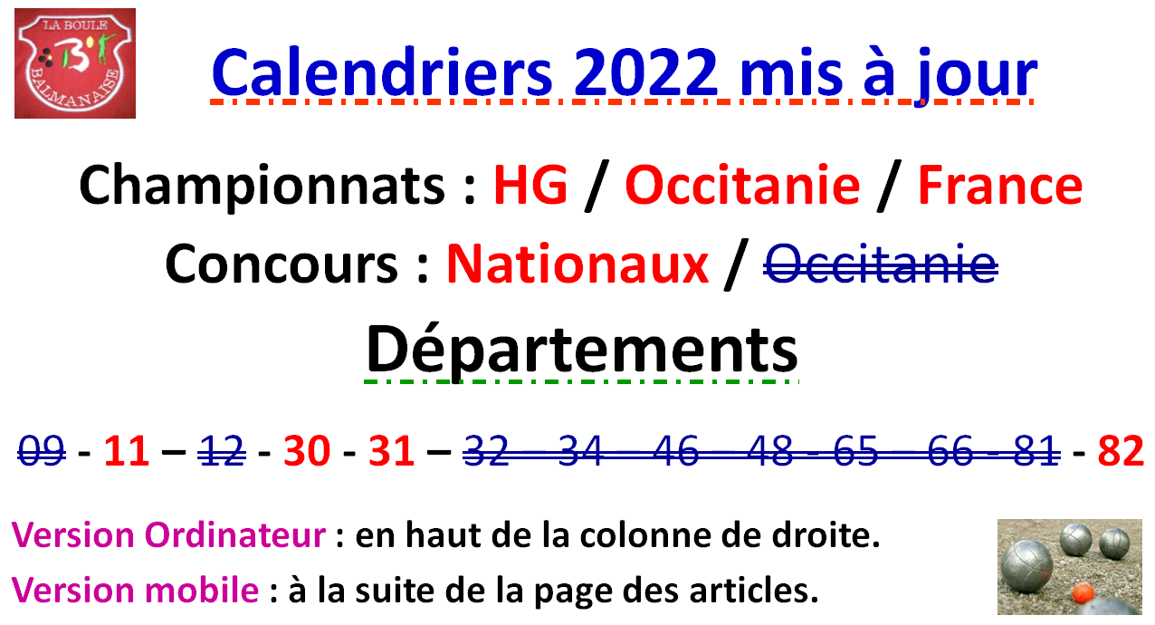 Calendriers 2022 Mise à jour N°1 Calendriers 2022 Mise à jour N°1