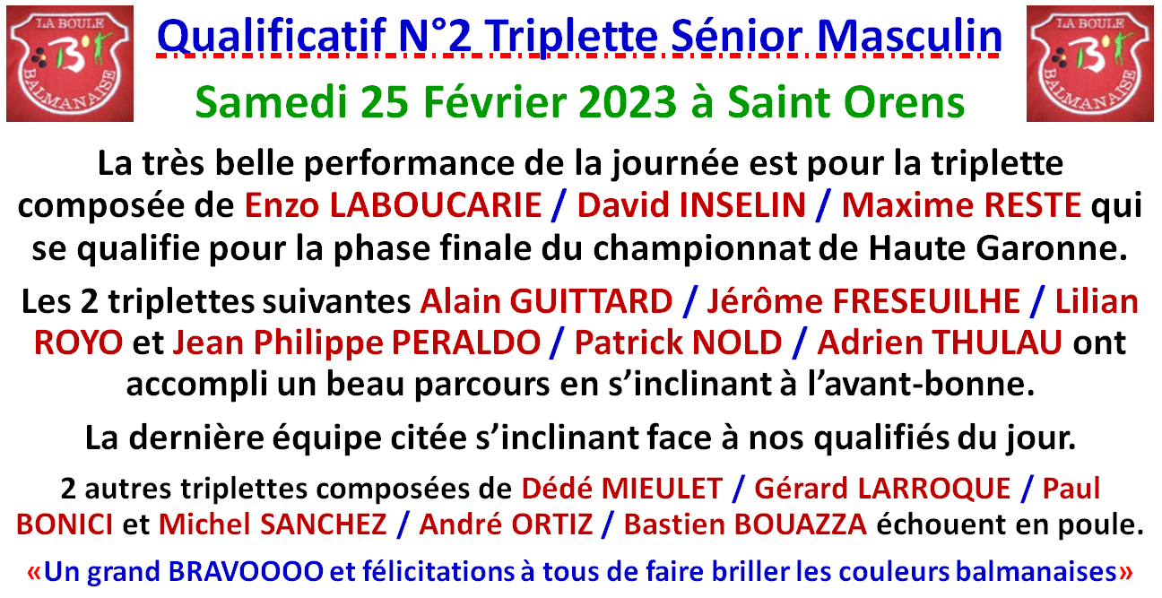Qualificatif triplette sénior masculin 25/02/23 Qualificatif triplette sénior masculin 25/02/23