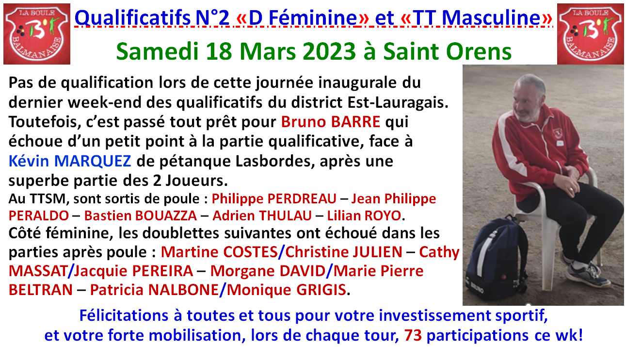 Qualificatifs N°2 DSF + TTSM Saint Orens 18/03/23