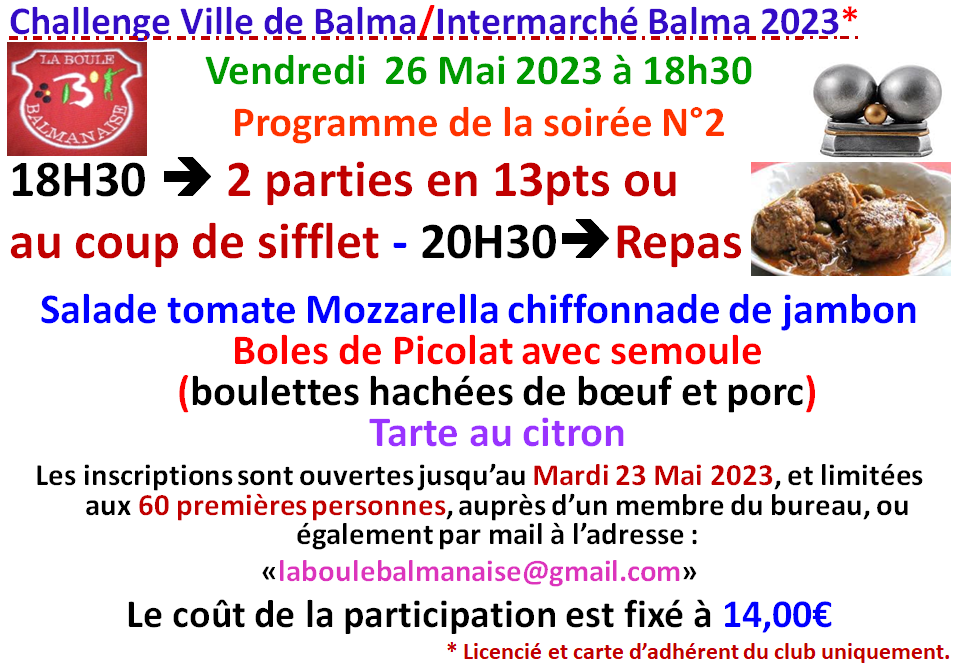 Challenge ville de Balma soirée N°2 le 26/05/23 Challenge ville de Balma soirée N°2 le 26/05/23