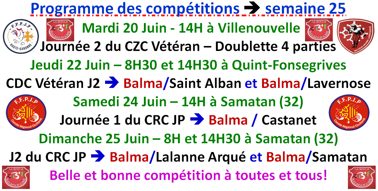 Programme des compétitions semaine 25