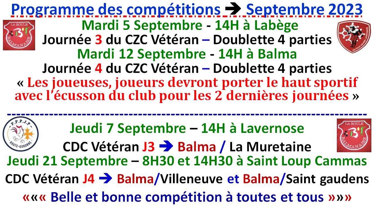Programme CZC + CDC vétéran Septembre 2023 Programme CZC + CDC vétéran Septembre 2023