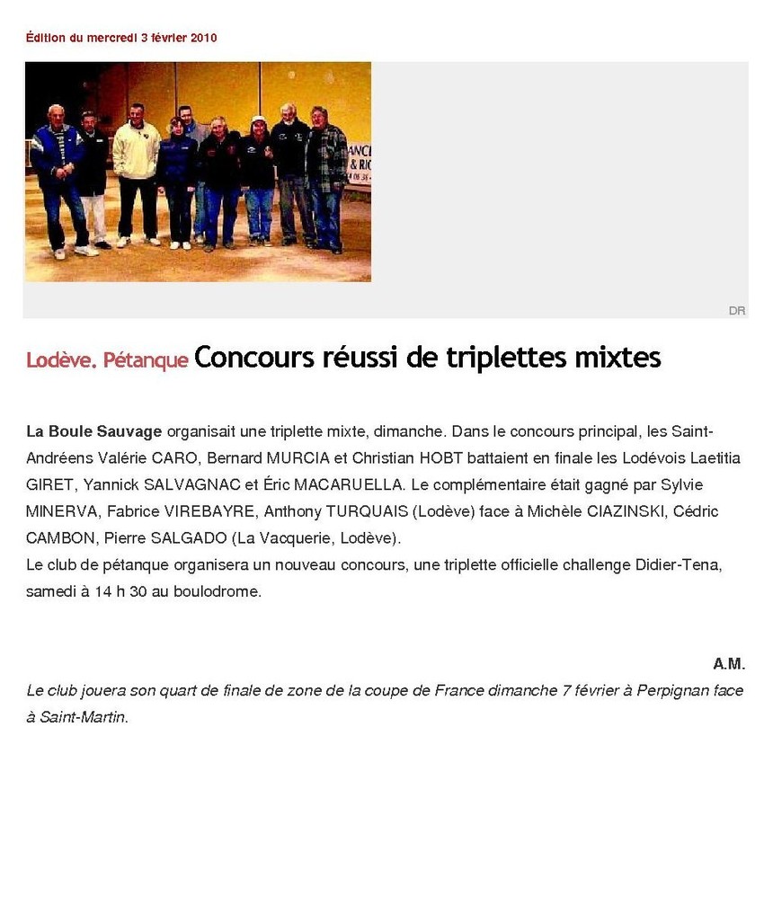 Résultats - Concours Triplette Mixte Résultats - Concours Triplette Mixte