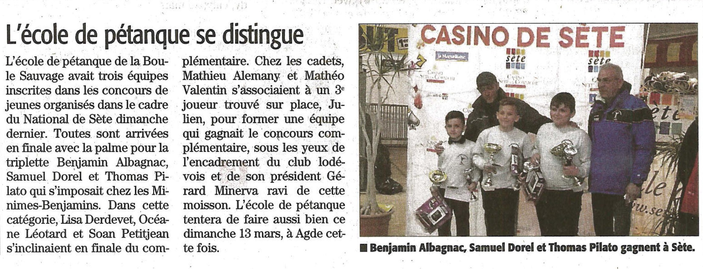 Concours triplette Benjamins/Minimes et Cadets à Sète dans le Midi Libre Concours triplette Benjamins/Minimes et Cadets à Sète dans le Midi Libre