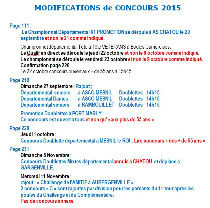 Modifications du calendrier Modifications du calendrier