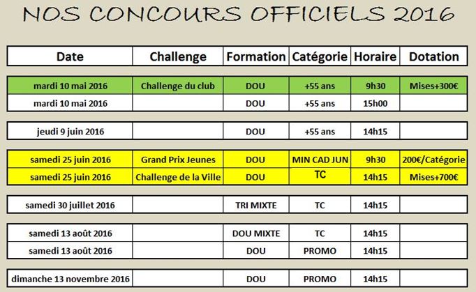 Nos concours officiels 2016 Nos concours officiels 2016