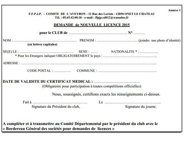 Demande de nouvelle licence 2015
