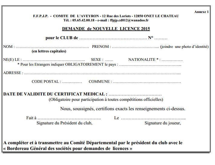Demande de nouvelle licence 2015