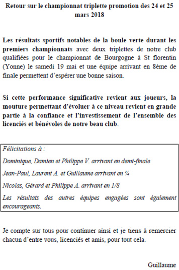 retour championnat triplette promotion 2018