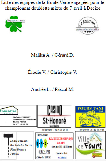 Engagés au doublette mixte pour la Boule Verte Engagés au doublette mixte pour la Boule Verte