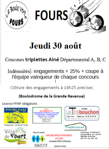 Concours triplette aîné le 30 août à Fours