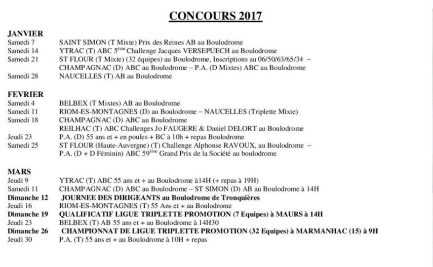 Calendrier des Concours Officiels 2017 Aveyron et voisinage