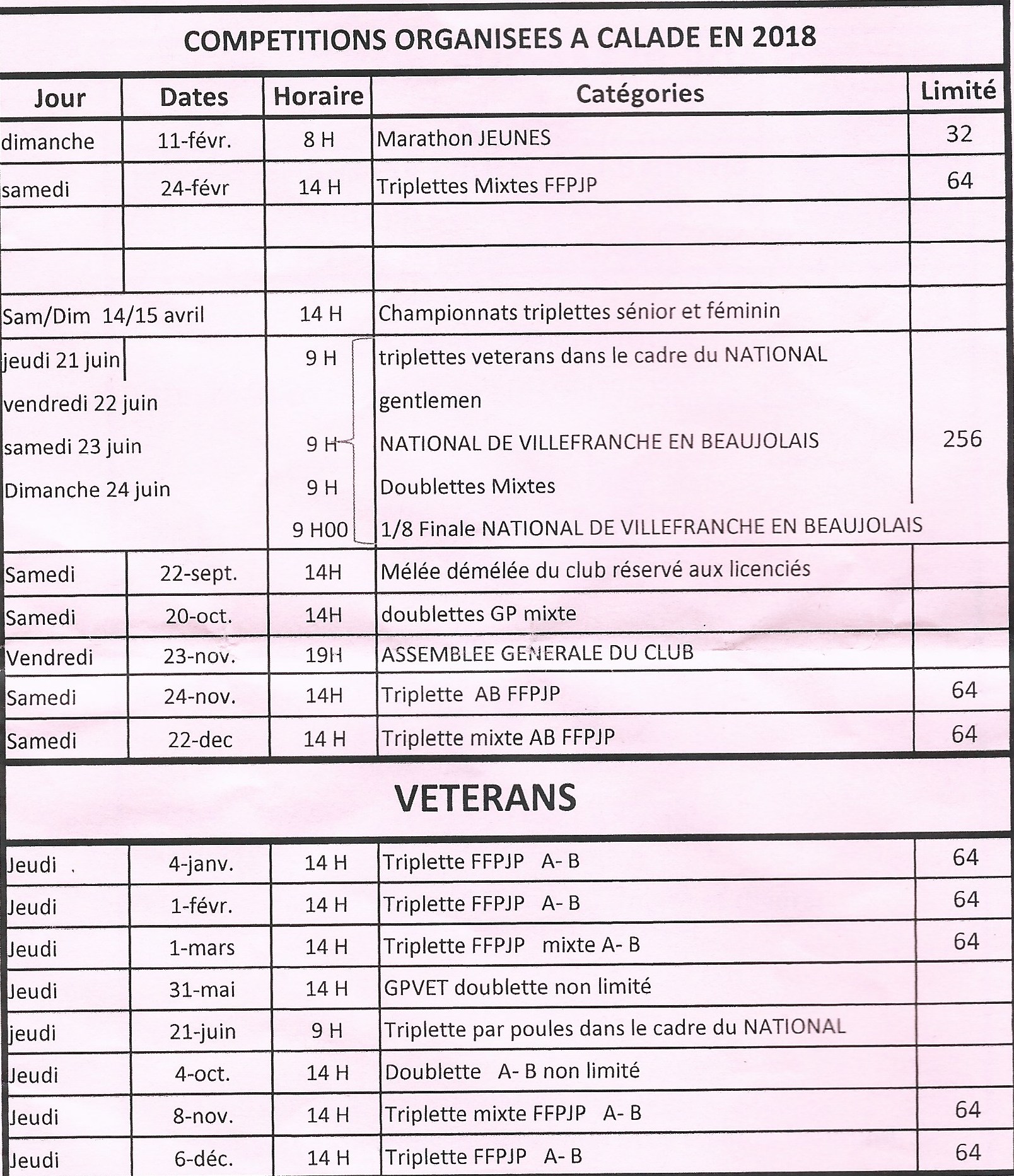 COMPETITIONS ORGANISEES A CALADE EN 2018
