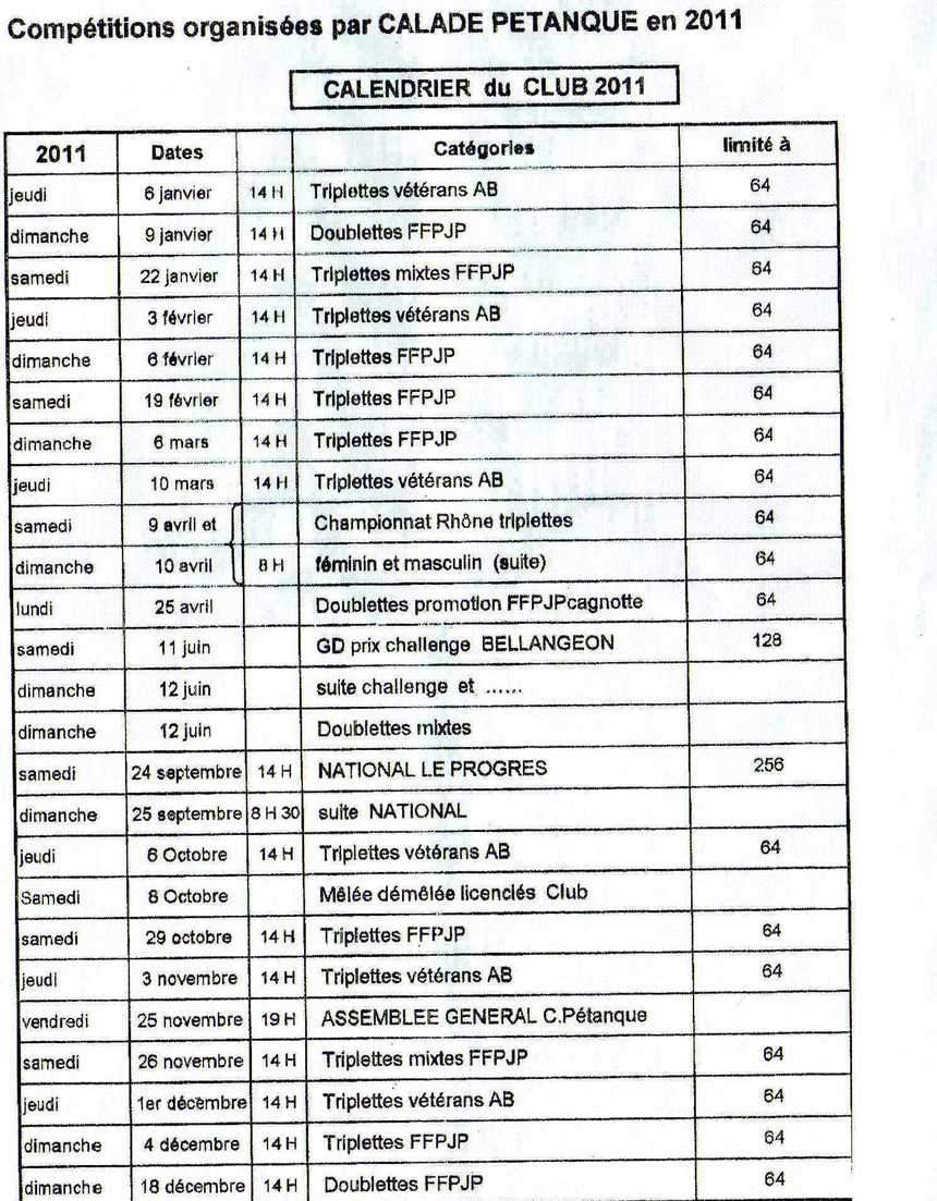 CALENDRIER DU CLUB 2011