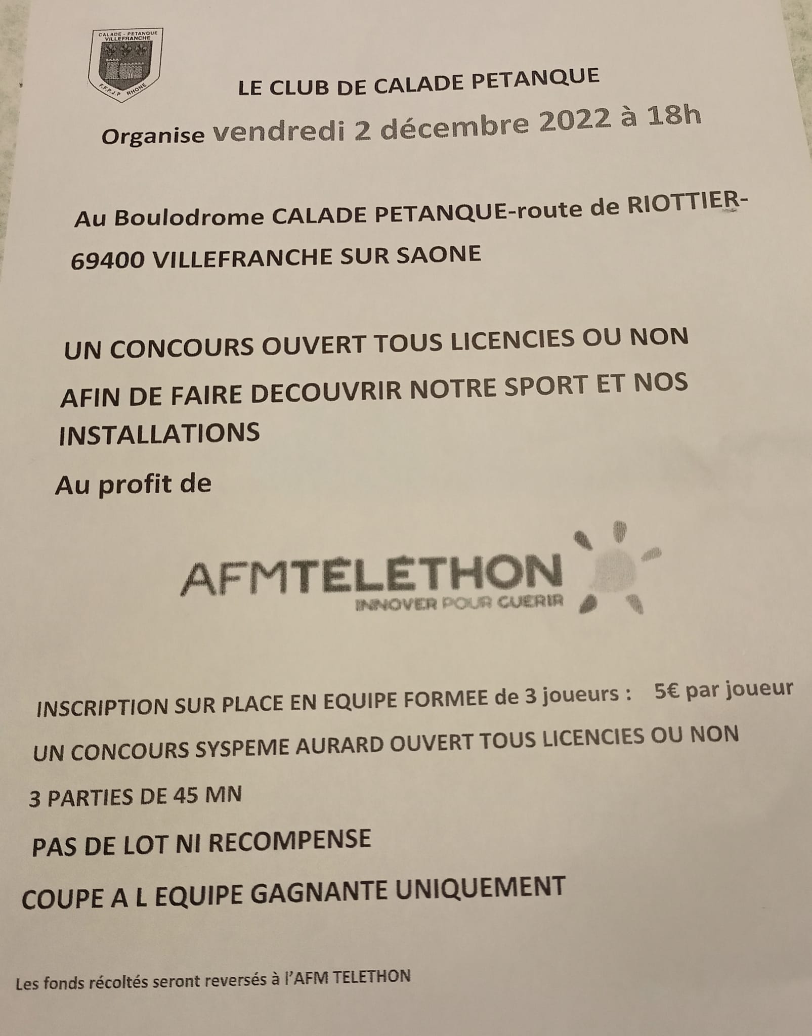 CONCOURS AU PROFIT DE AFMTELETHON CONCOURS AU PROFIT DE AFMTELETHON