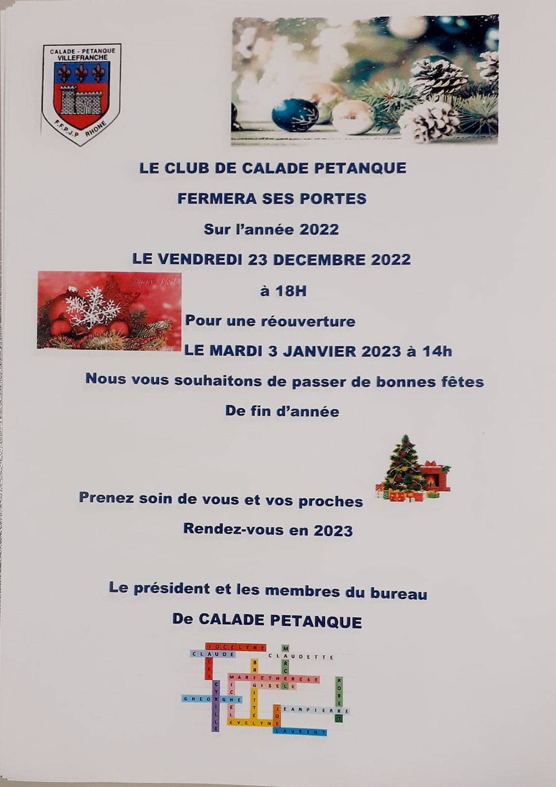 FERMETURE FIN D'ANNEE FERMETURE FIN D'ANNEE