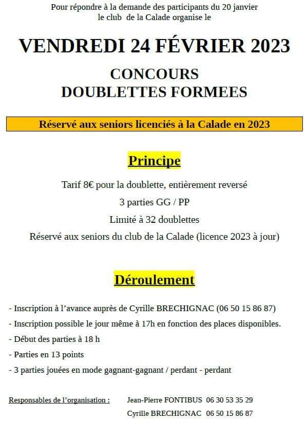 CONCOURS INTERNE EN DOUBLETTES DU 24 FEVRIER 2023