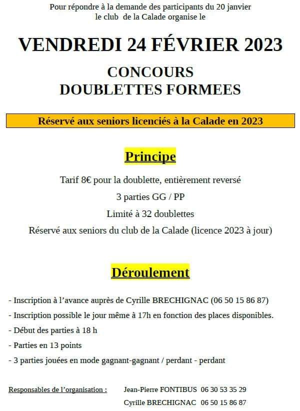 CONCOURS INTERNE EN DOUBLETTES DU 24 FEVRIER 2023 CONCOURS INTERNE EN DOUBLETTES DU 24 FEVRIER 2023