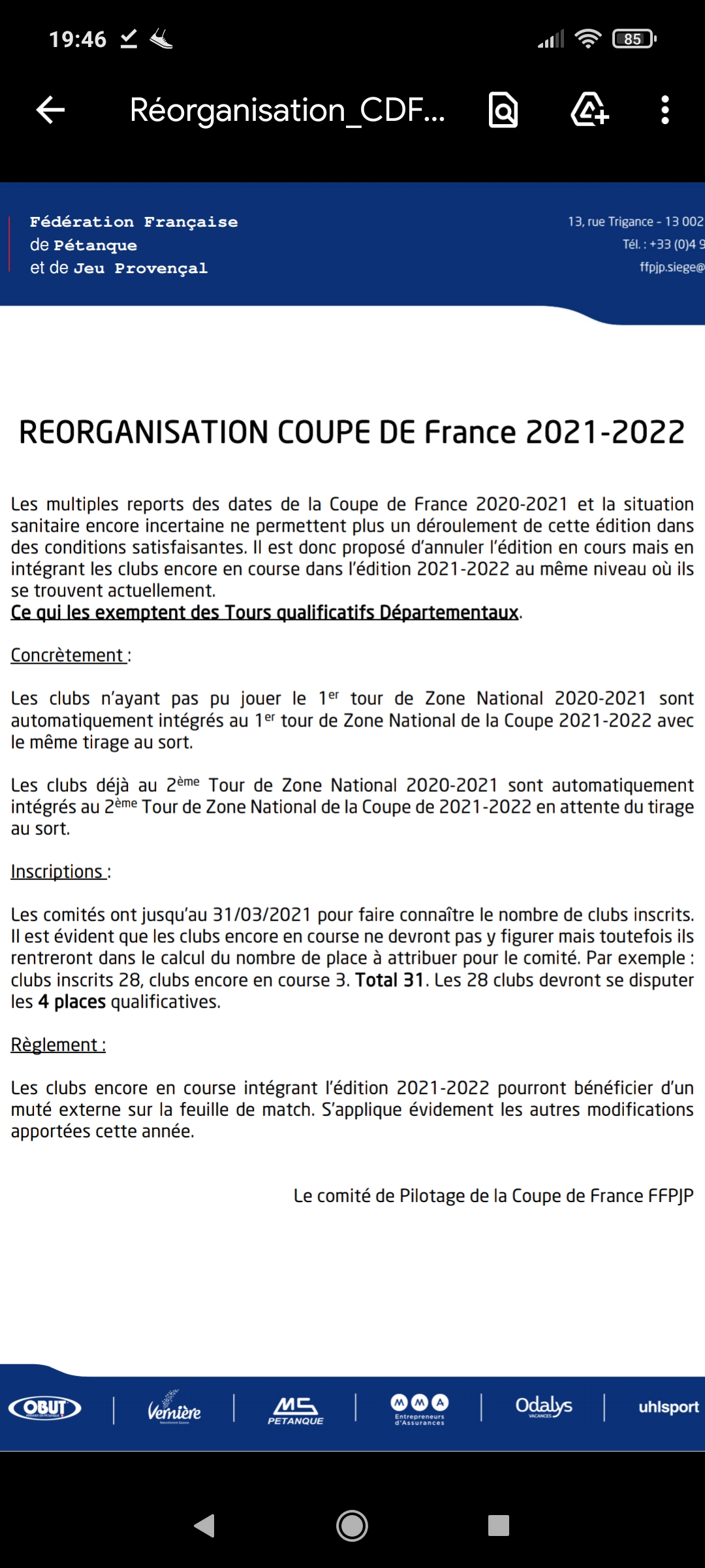 Modifications des Compétitions Modifications des Compétitions