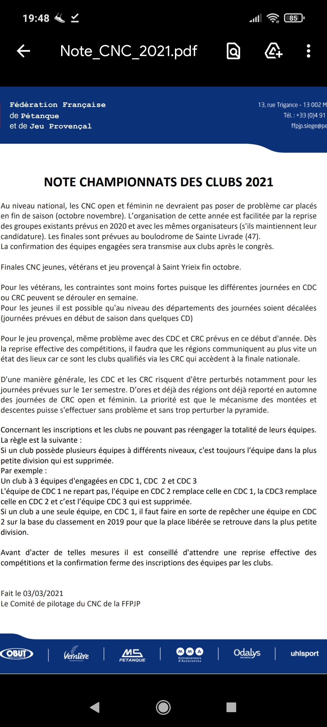 Modifications des Compétitions Modifications des Compétitions