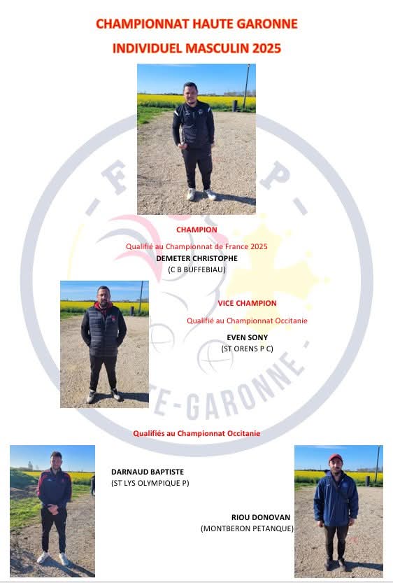 Championnats Haute-Garonne Doublette Féminin et Tête à Tête Masculin 2025 Championnats Haute-Garonne Doublette Féminin et Tête à Tête Masculin 2025