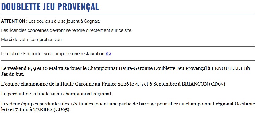 Championnat H.G Doublette Jeu Provençal 2026