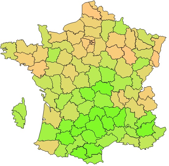 Carte 2019, plus la couleur du département est vert clair, plus la densité de joueurs est élevée.