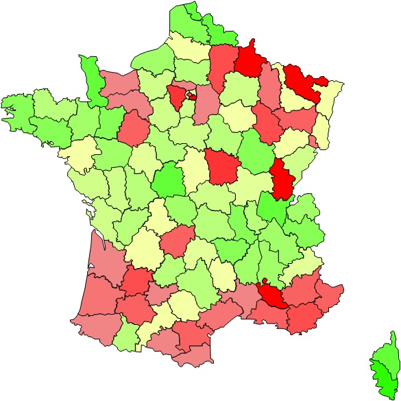 Entre 2017 et 2018. En vert les départements en augmentation, en rouge, ceux en diminution