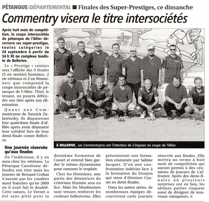 Commentry Pétanque fait la une en page sport de La Montagne du 22 spt. 2010 !