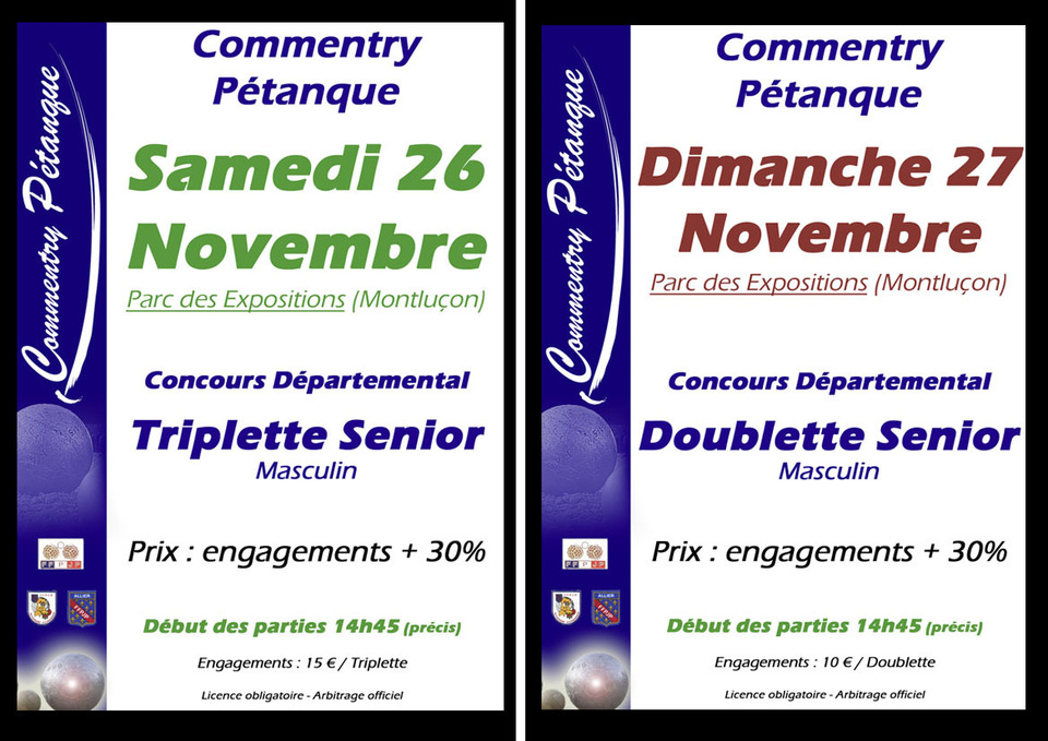 CONCOURS DEPARTEMENTAL TRIPLETTE ET DOUBLETTE 26 ET 27 NOVEMBRE AU PARC DES EXPOS