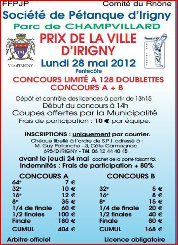 Concours de pétanque Irigny lundi 28 mai Concours de pétanque Irigny lundi 28 mai
