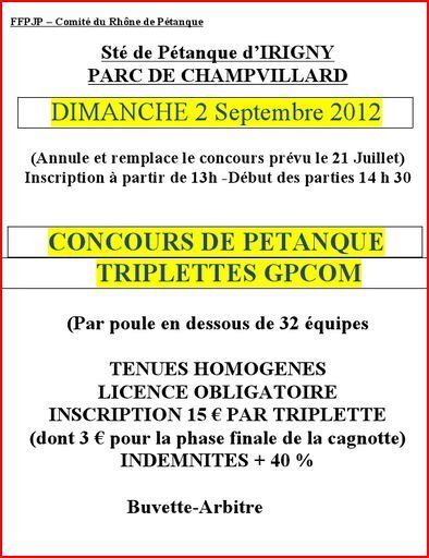 GPCOM d'Irigny Dimanche 2 septembre à 13 h 30.
