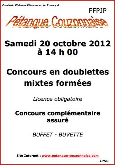 concours en doublettes mixtes du samedi 20 octobre Couzon au mont D'or concours en doublettes mixtes du samedi 20 octobre Couzon au mont D'or