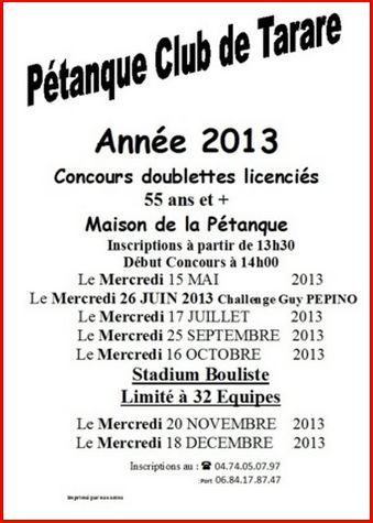 Calendrier Concours Doublettes vétérans Tarare Calendrier Concours Doublettes vétérans Tarare